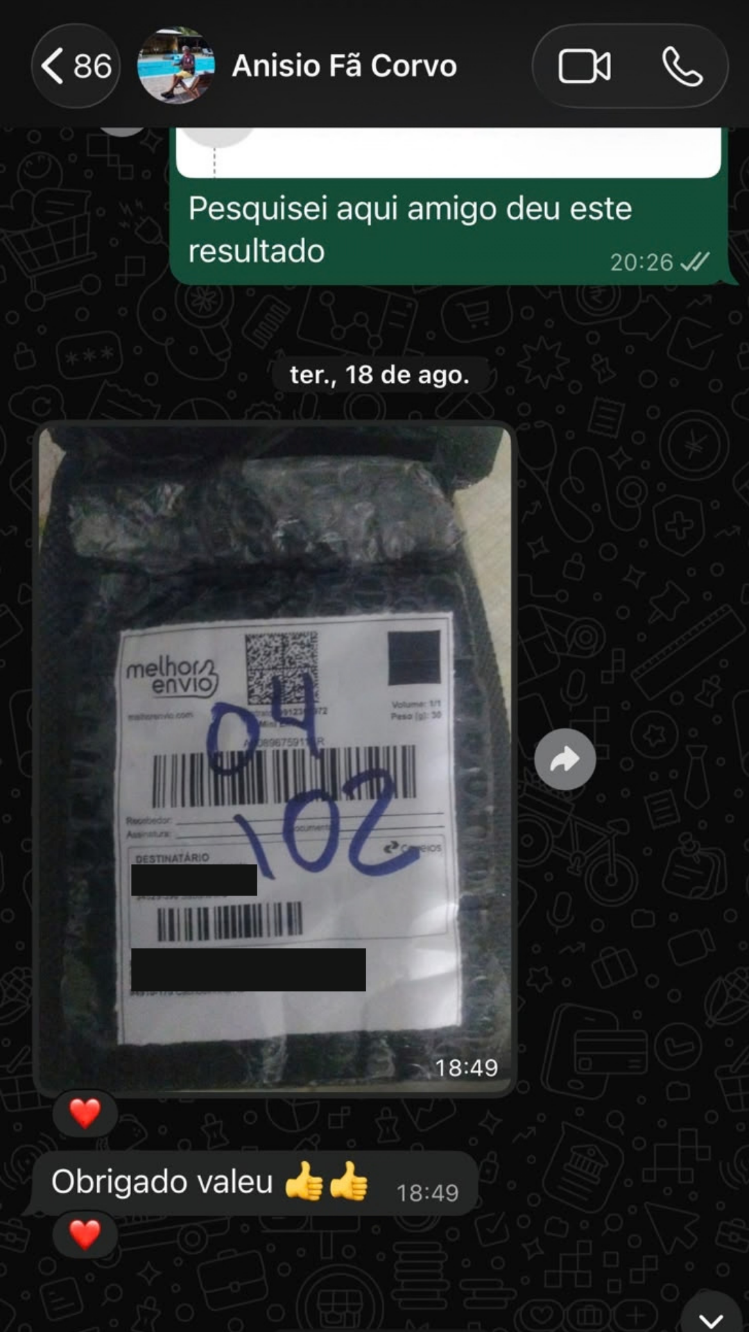 Print de conversa no WhatsApp de fã confirmando o recebimento do pendrive